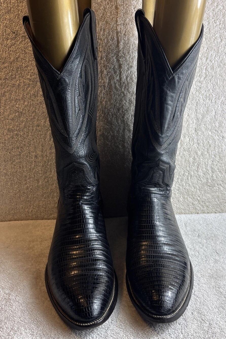 El Dorado Women’s Black Leather Western Lizard Boots Size 11 B #9250